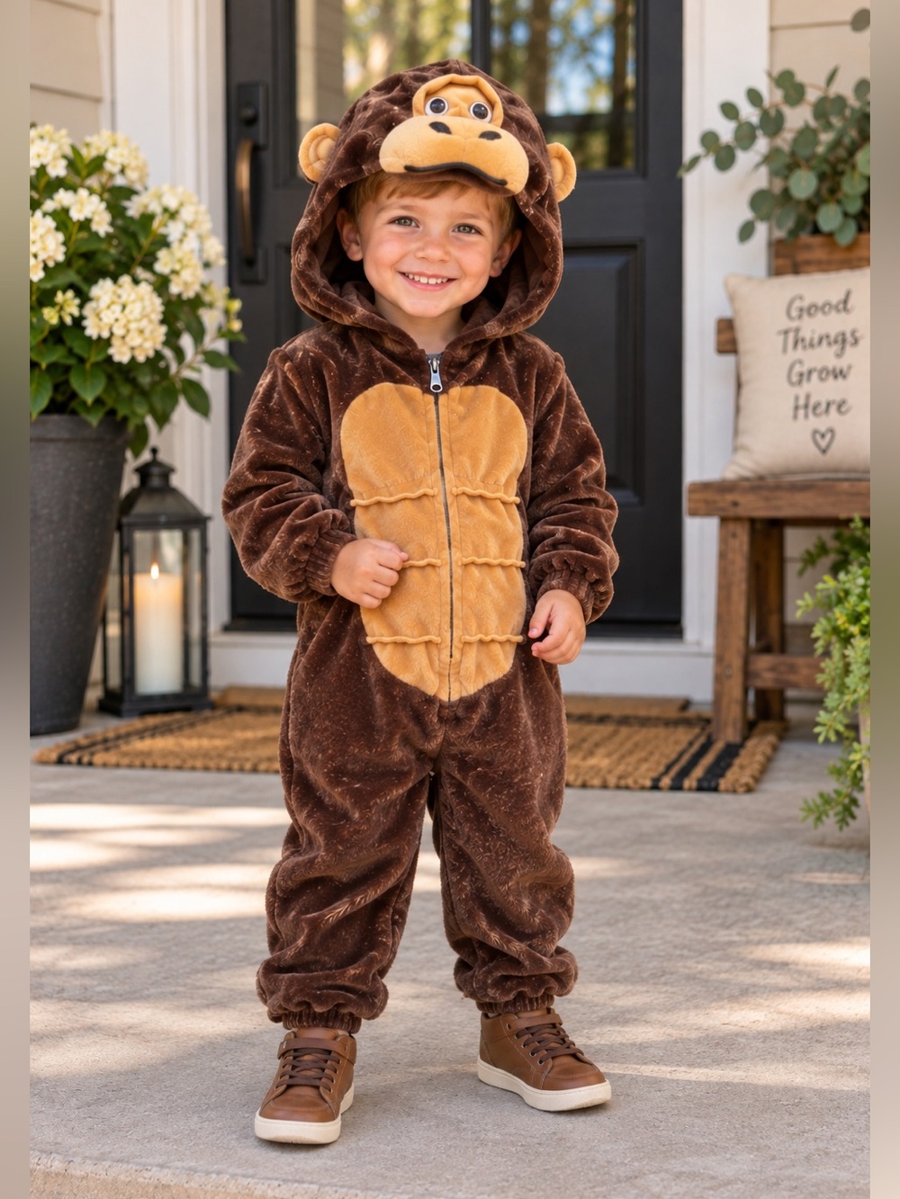 🐵 Kids Monkey Halloween Costume Brown Plush Hooded Jumpsuit | Size 3T-4T